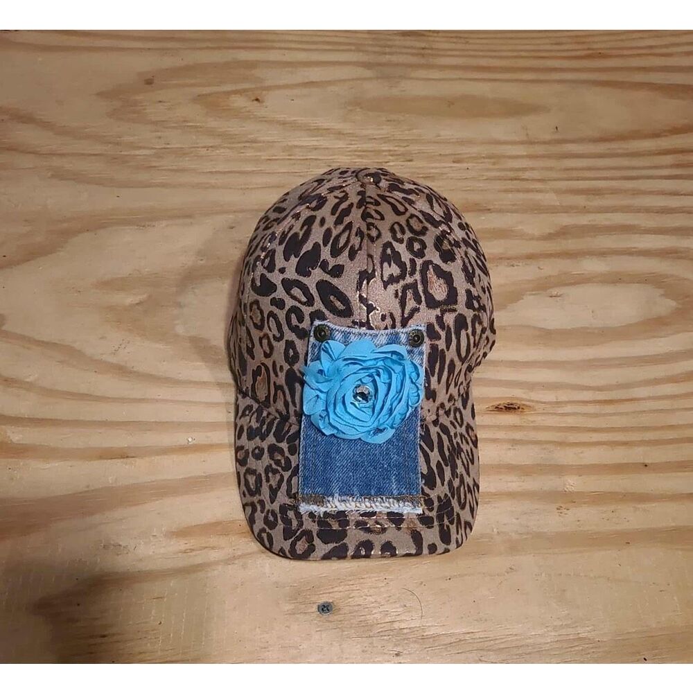 Feelin Groovy Upcycled Leopard Print Baseball Hat Denim Blue Flower